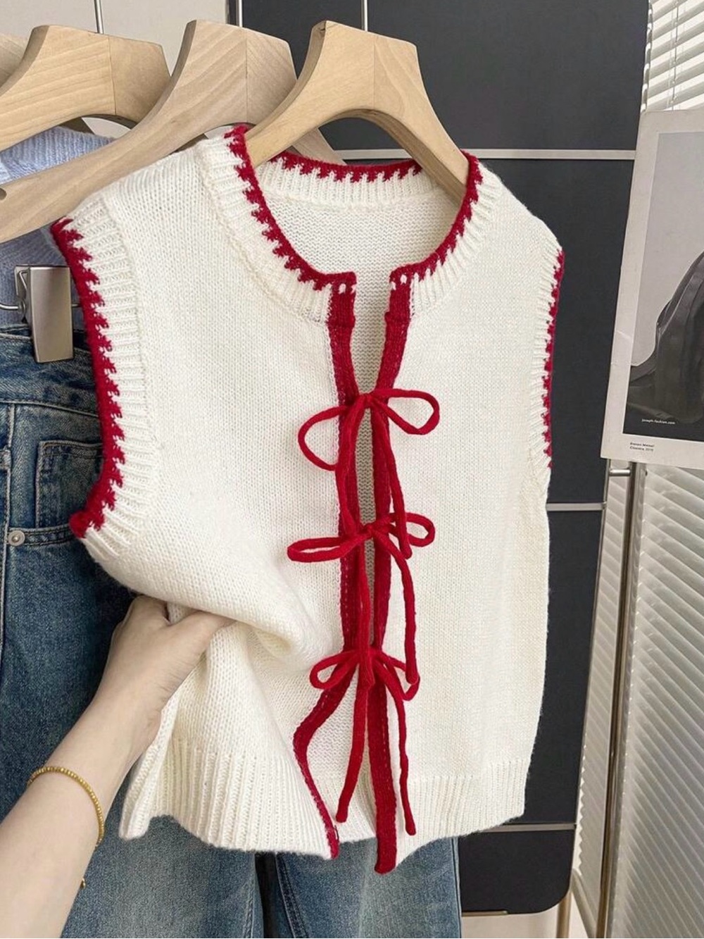 White & Red Tie-Front Knit Vest Sweater - Women